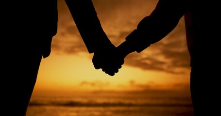 Poster - Sunset, silhouette and couple holding hands at beach for love, care and bonding on holiday. Shadow, man and closeup of woman at ocean for romantic date, vacation and support in relationship together