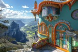 A bright, art nouveau-style house on a mountain summit, with a stunning valley view. The intricate designs of the house are complemented by Easter-themed stained glass windows