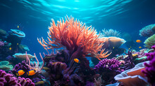 Beautiful Undersea Tropical Fluorescent Sea Anemone On Deep Sea Coral Reef