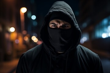 Wall Mural - A criminal man wearing black hoodie and ski mask on a street