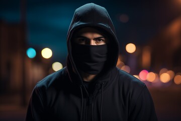 Wall Mural - A criminal man wearing black hoodie and ski mask on a street