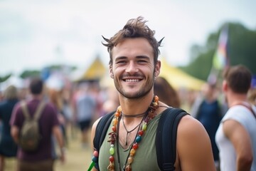 Poster - Portrait of a smiling young man at a music festival with friends