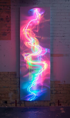 Sticker - Neon glowing painting on a canvas hanging on a brick wall.