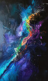 Fototapeta Perspektywa 3d - Vibrant neon bursts of paint flowing dynamically across a dark vertical backdrop.