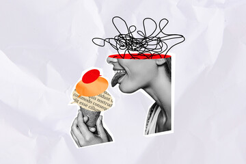 Wall Mural - Collage of cropped messy painted black white colors girl head tongue lick dialogue bubble text ice cream isolated on paper background