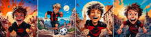 A Cute Cartoon Character In A Red And Black T-shirt Plays Football. A Fun And Playful Design For Football Fans Of All Ages. Ideal For Sports Themed Products Or Children's Products.