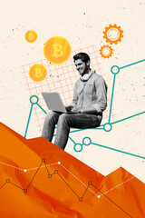 Poster - Vertical collage poster young man browsing laptop internet trader cryptocurrency successful stats increase income golden coin profit rich