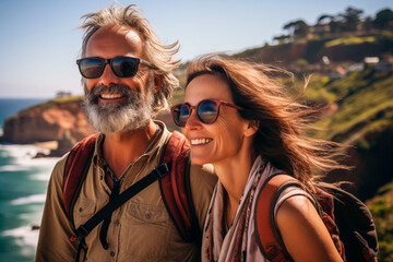 Portrait of an elderly couple traveling together, admiring the beautiful landscape and nature, feeling young and free