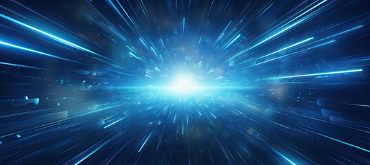 hyperspace tunnel, radiating energy and light. bright stars illuminate the blue explosion. futuristi