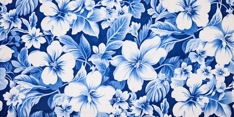 Wall Mural - AI Generated. AI Generative. Drawing painting ink blue watercolor hawaiian plant flower patter texture decoration. Graphic Art Illustration
