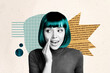 Collage photo sketch image of funny lady freak with blue bob hair telling information gossiping isolated on beige color background