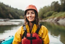 Portrait Of A Young Woman In A Kayak On The River.