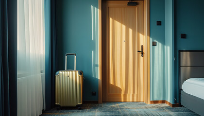 Poster - Packed luggage stationed outside a hotel room door - marking the moments leading up to an impending journey  - wide format