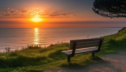 Poster - Solitary bench overlooks an expansive sea - capturing a moment of quiet anticipation as the sun gracefully descends  - wide format