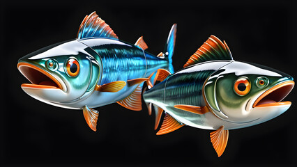 Wall Mural - glassy a cartoon character pairs mackerel fish on a black background. illustration of pairs mackerel fish. cartoon pairs mackerel fish, clipart pairs mackerel fish. sea pairs fish. fish isolated on 