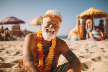 Sticker - Portrait of senior bearded Indian man sitting on the beach and looking at camera