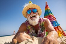 Happy Senior Man In Hat And Sunglasses Sitting On Beach With Colorful Umbrella