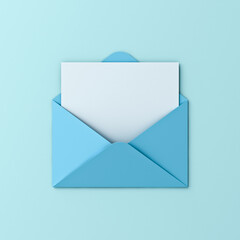 Aufkleber - Blank white paper note card in blue envelope isolated on blue pastel color or cyan background with shadow love letter for him minimal conceptual 3D rendering