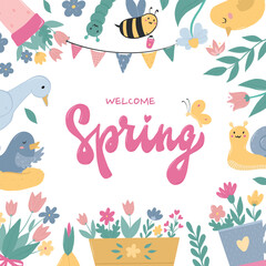 Wall Mural - Welcome Spring lettering quote with frame of doodles for cards, posters, invitations, banners, templates, etc. EPS 10