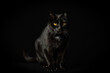 black cat with yellow-golden eyes looking towards the camera in front of a black background - front view