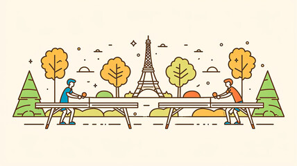 simple line art minimalist collage illustration with professional in table tennis practices tactics or strategy of the game and Eiffel Tower in the background, olympic games, wide lens