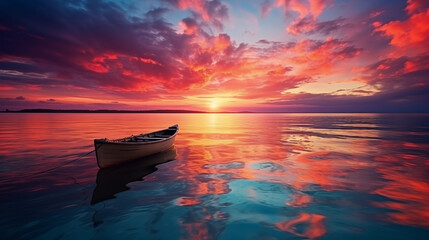 Wall Mural - A sunset over the ocean with a colorful sky and clouds.