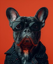 A Cool Trendy French Bulldog Poses With Sunglasses, Looking At The Camera Like A Model Isolated On A Red Background