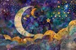 Illustration of a dream themed quilt pattern, background. 