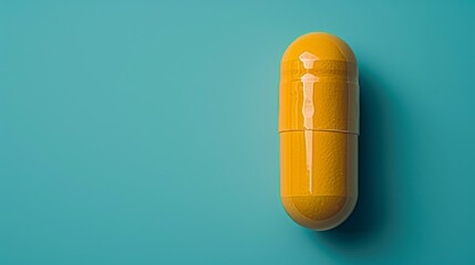 Wall Mural - Yellow vitamin or omega 3 capsule on blurred background, health concept with text space.