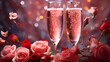Champagne glass with bubbles standing against blurred cool bokeh background