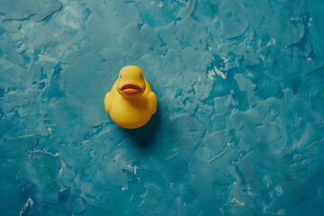 rubber ducky top view on blue background flat lay in 