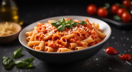 Canvas Print - Pasta with sauce in bowl on black background