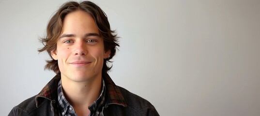 Wall Mural - Happy young man in casual attire, isolated on light monochrome background with space for text.