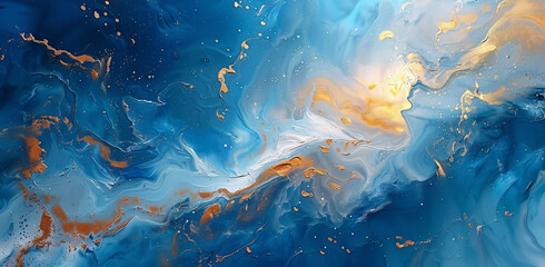 Poster - blue gradient abstract paint, in the style of fluid landscapes, atmospheric clouds, dark sky-blue and light beige, marble, mysterious landscapes, poured