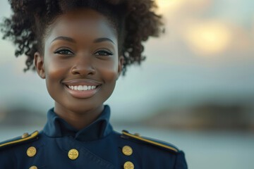 Afro woman navy soldier smile in daily service uniform