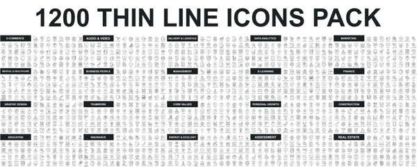Wall Mural - Mega set of vector thin line icons. Editable stroke. Contains such icon collection as commerce, business, finance, banking, data analysis, teamwork, marketing. Linear pictogram pack.