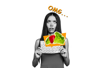 Poster - Collage picture of black white colors unsatisfied girl hold calendar date reminder fresh vegetables diet rolled eyes omg