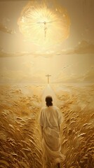 Canvas Print - Jesus standing in field with a cross above him