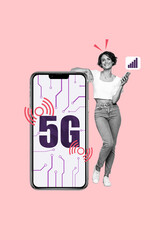Poster - vertical photo collage of young smiling girl using her smartphone promoting 5g signal connection iso