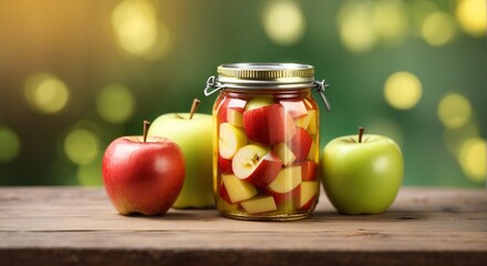 Wall Mural - Canned apple and fresh apple on a wooden table