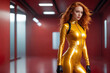 Strong real BDSM adult red hair mistress wearing fetish latex rubber catsuit and poses in deep yellow gold erotic in red futuristic interior. Generative Ai