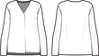 
Technical flat sketch of Tuck V-neck Blouse. Pleat detailed top. Front and back apparel. Vector mock up Template. 