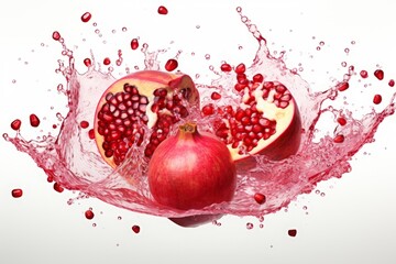 Wall Mural - Pomegranate fruits in the air. falling, flying fruits and a splash of juice. white background.