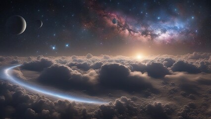 Wall Mural - sunrise in the space sky with clouds _A space sky with a nebula and a cluster of stars. The image shows a dark and starry background,  