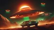 ufo in the night _A horror space scene with a red and orange UFO vector and a green light beam.  