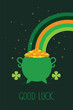 St. Patrick's Day greeting card with pot full of gold at the end of a rainbow.