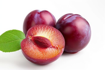 Wall Mural - purple plum isolated on a white background. violet fruit, whole berries and half.