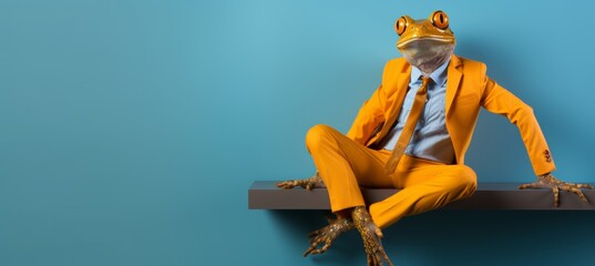 Poster - Anthropomorphic frog in business suit working in corporate office, studio shot with copy space
