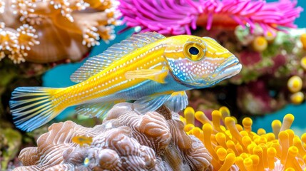Wall Mural - Colorful jawfish swimming among vibrant corals in a saltwater aquarium environment