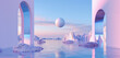 © Holly Berridge - Abstract waterscape arches with floating sphere. Sky with serene background in pastel pink and purple tones. Surrealistic 3d rendering  soothing and rhythmic visual that give a sense of harmony.